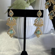 Mint Green CZ Necklace & Earrings Set Silver Tone Pakistani Jewelry