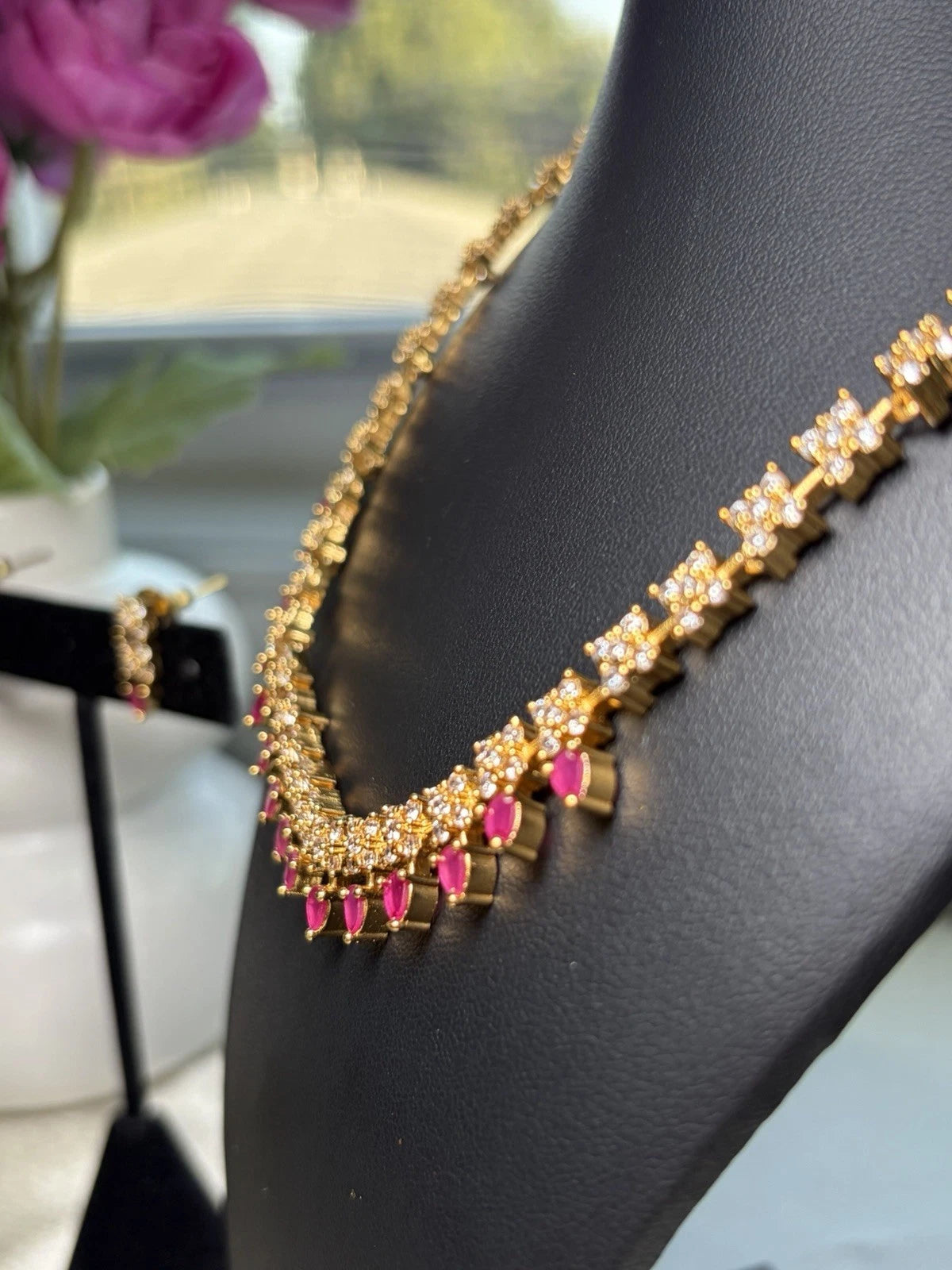 Ruby Teardrop Crystal Necklace & Earrings Set