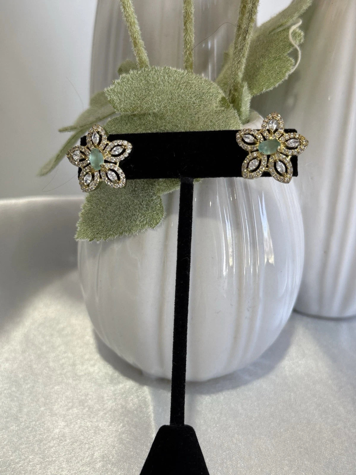 Mint Green CZ Flower Stud Earrings Gold Tone Party Jewelry