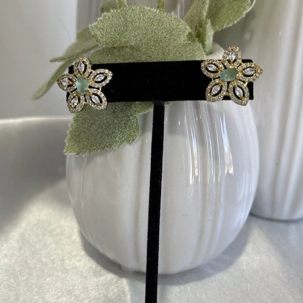 Mint Green CZ Flower Stud Earrings Gold Tone Party Jewelry