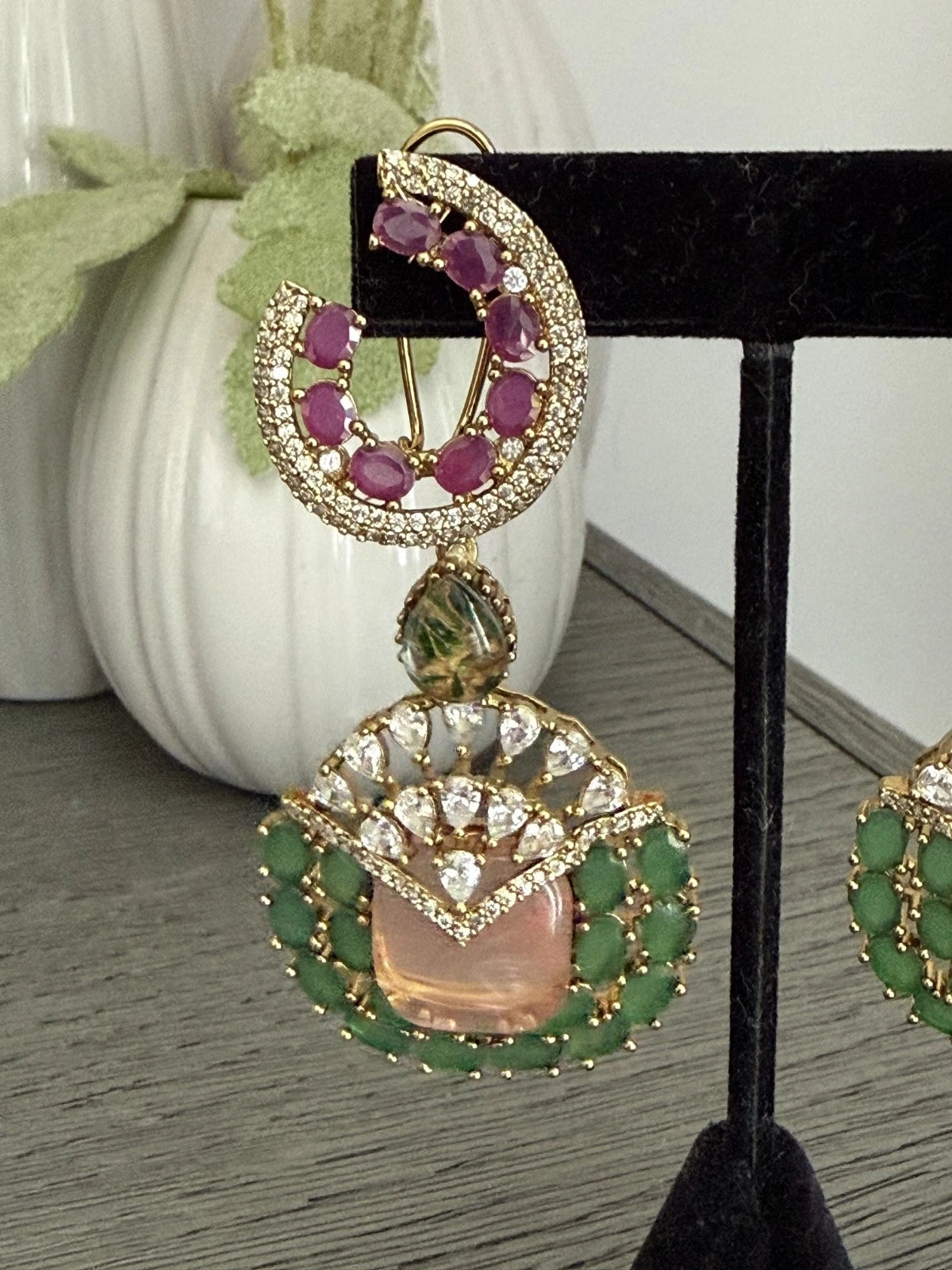 Luxury Pink & Green Statement Earrings | Pakistani Jewelry | Bridal Earrings