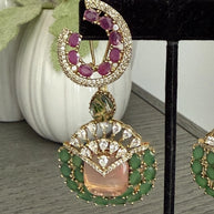 Luxury Pink & Green Statement Earrings | Pakistani Jewelry | Bridal Earrings