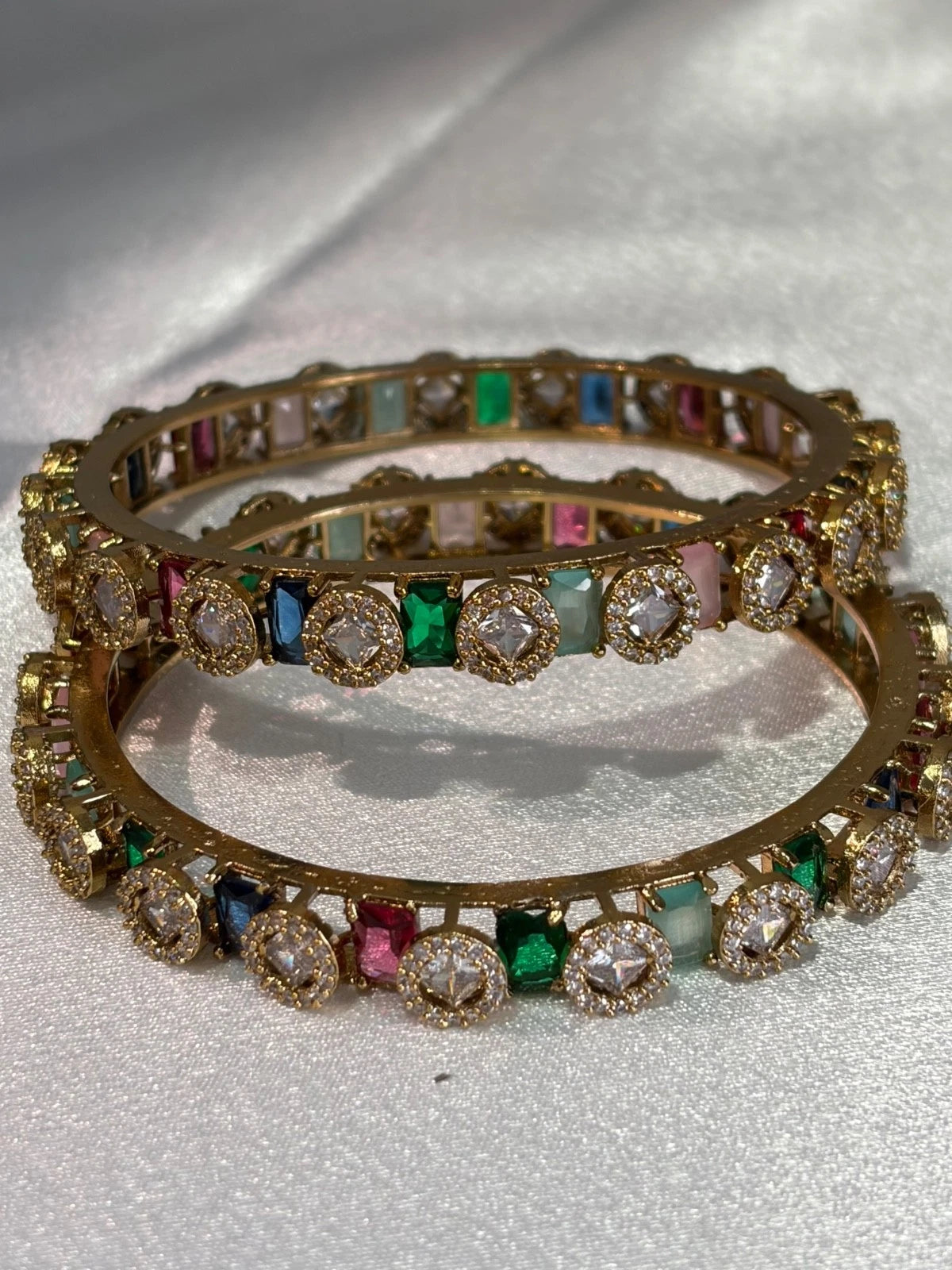 Multicolor CZ Gold Tone Bangle Set Size 2.10 Pakistani Indian Bridal Party Jewel