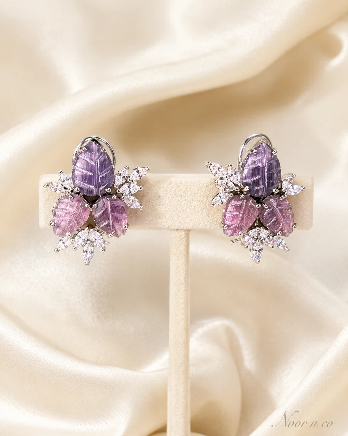 Lavender Pink Leaf CZ Stud Earrings Silver Tone Floral Statement Jewelry