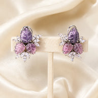 Lavender Pink Leaf CZ Stud Earrings Silver Tone Floral Statement Jewelry