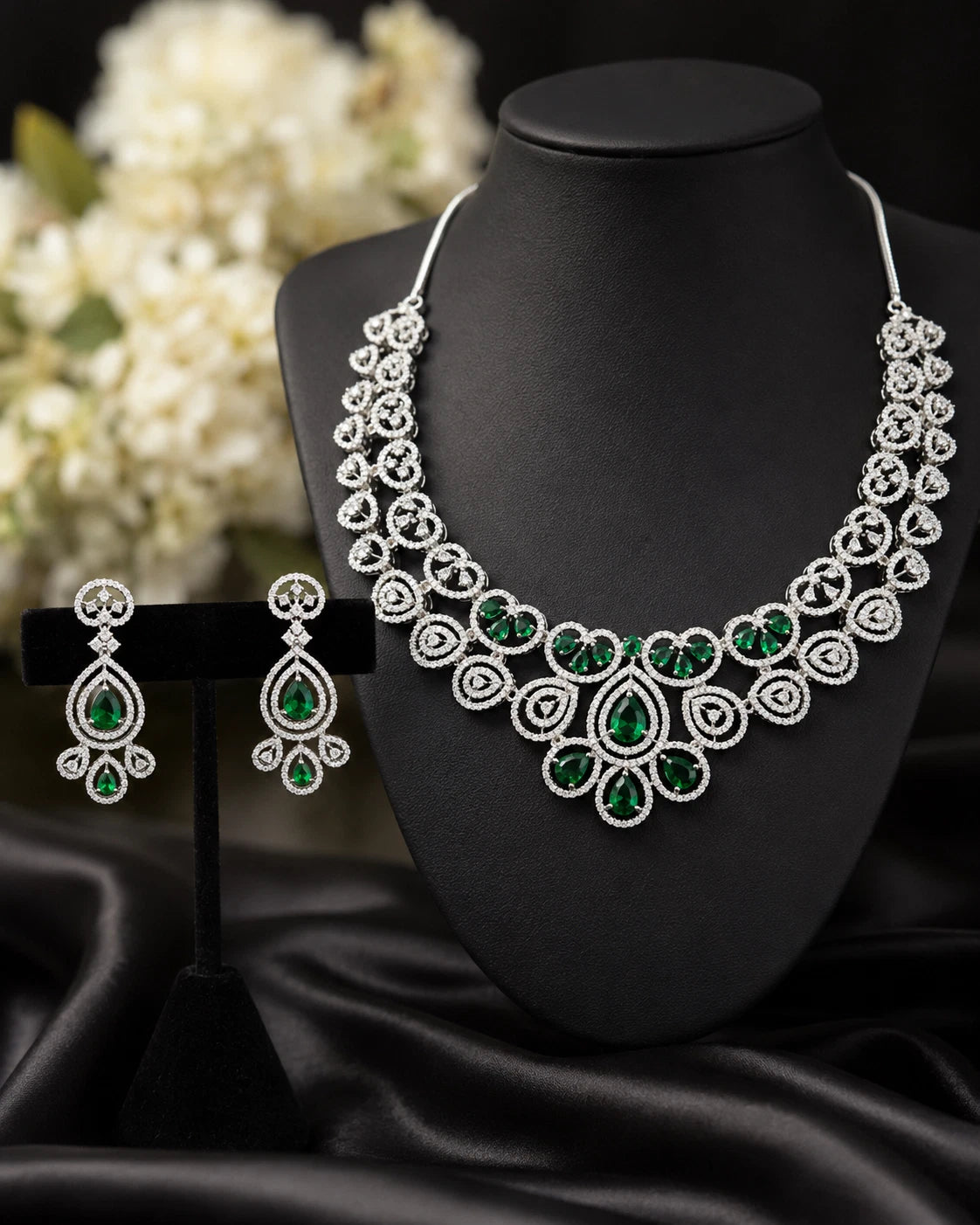 Emerald green and clear CZ-style necklace set