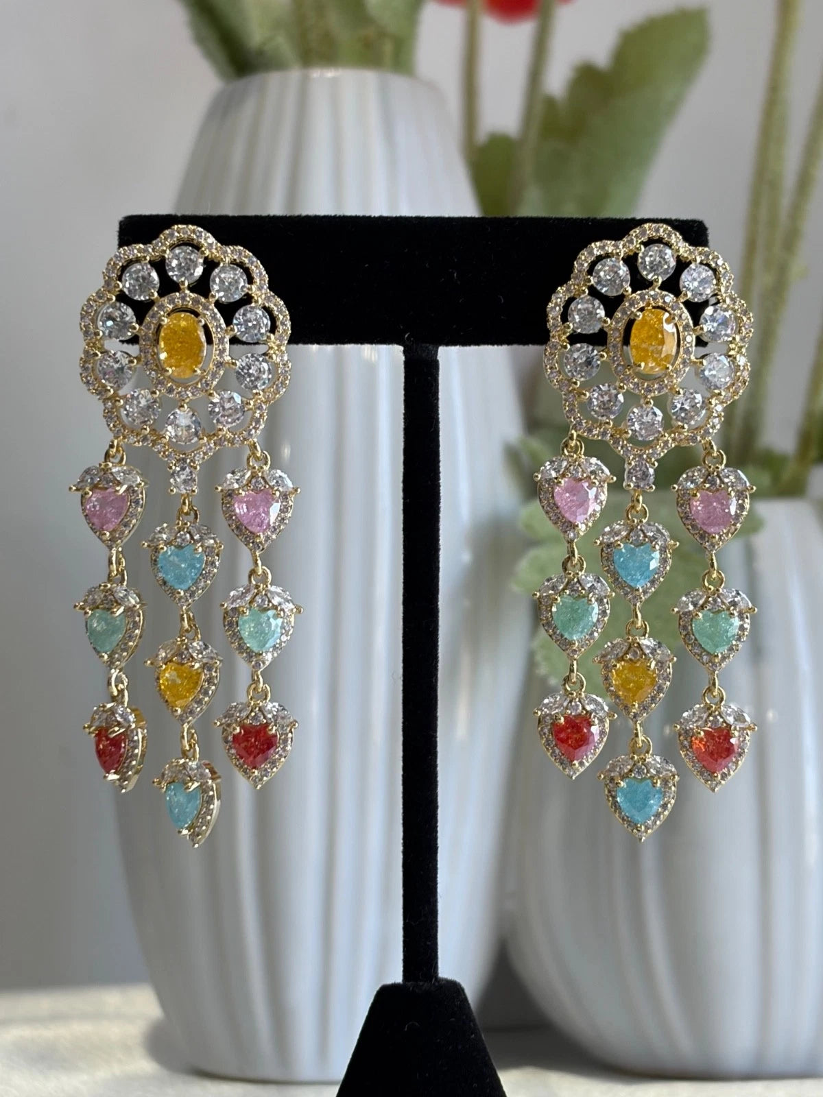 Multicolor Heart CZ Gold Tone Chandelier Earrings Pakistani Indian Jewelry