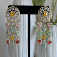 Multicolor Heart CZ Gold Tone Chandelier Earrings Pakistani Indian Jewelry
