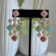 Multicolor CZ Gold Tone Chandelier Earrings Pakistani Indian Statement Jewelry