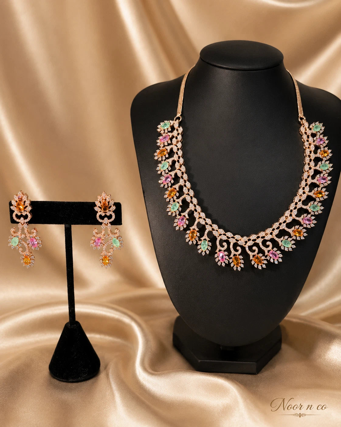 Rose Gold Multicolor CZ Necklace Earrings Set Indian Pakistani Bridal Jewelry