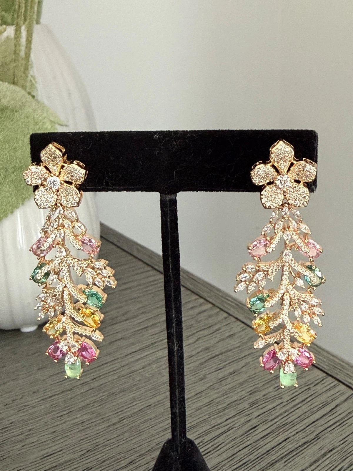 Hazoori Luxury Floral Crystal Statement Earrings | Multicolor Gemstone Earrings