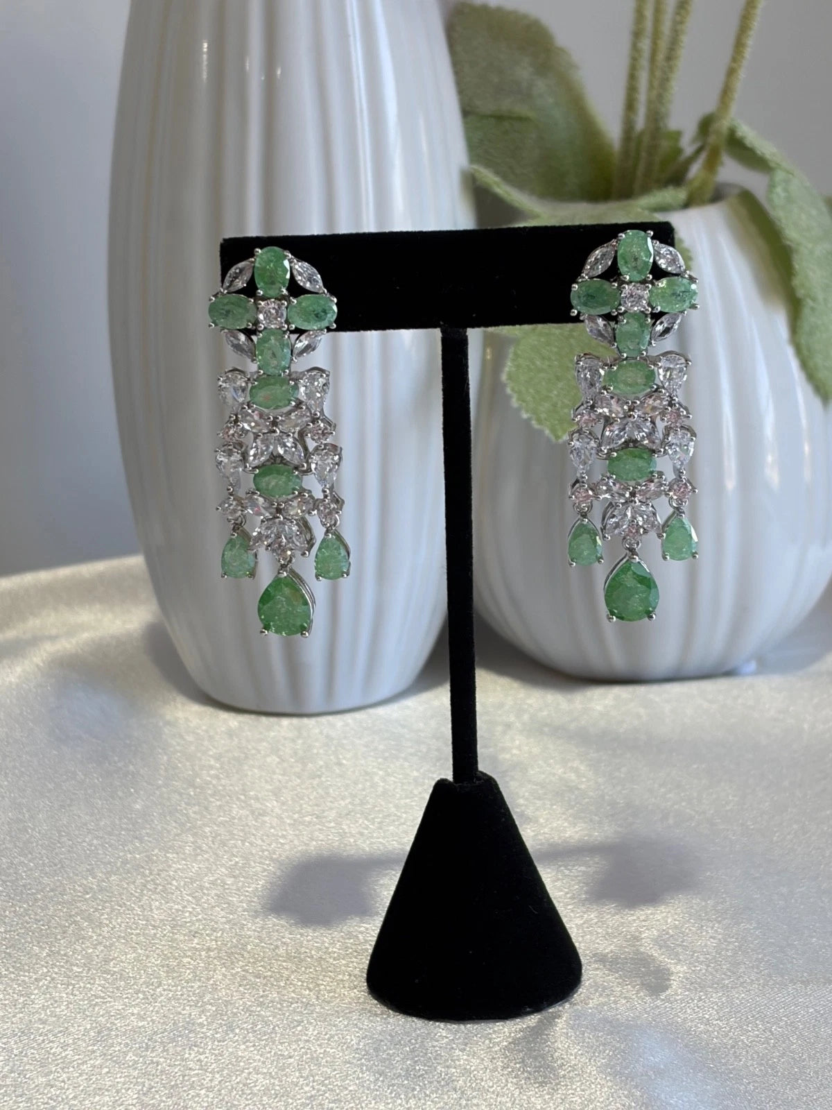 Green CZ Silver Tone Chandelier Drop Earrings Pakistani Indian Jewelry