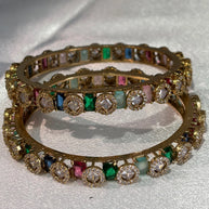 Multicolor CZ Gold Tone Bangle Set Size 2.10 Pakistani Indian Bridal Party Jewel