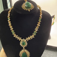 Emerald Green Teardrop Necklace Set with Matching Earrings & Tikka
