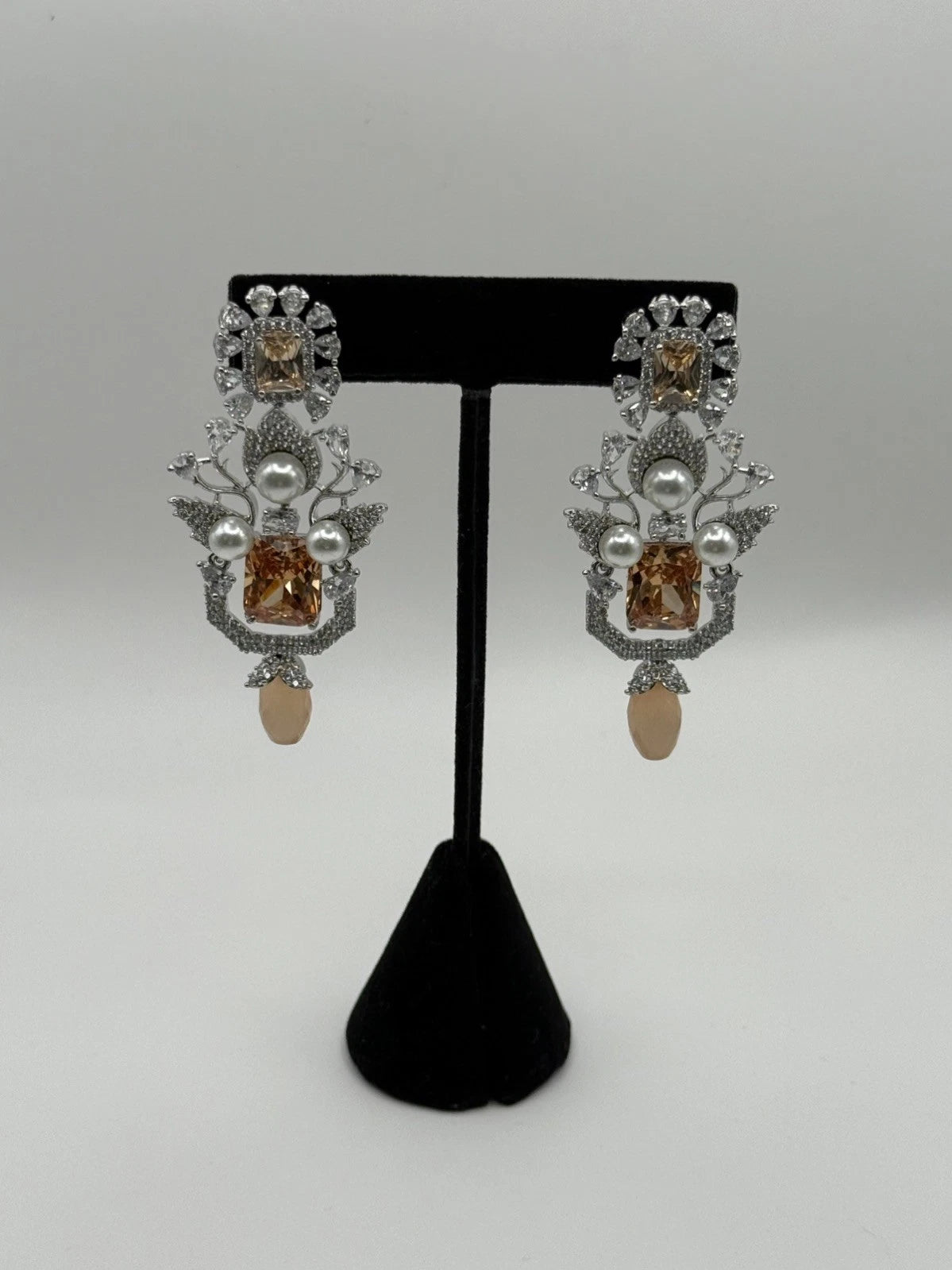 Champagne Crystal Pearl Statement Earrings – Luxury Bridal Drop Earrings