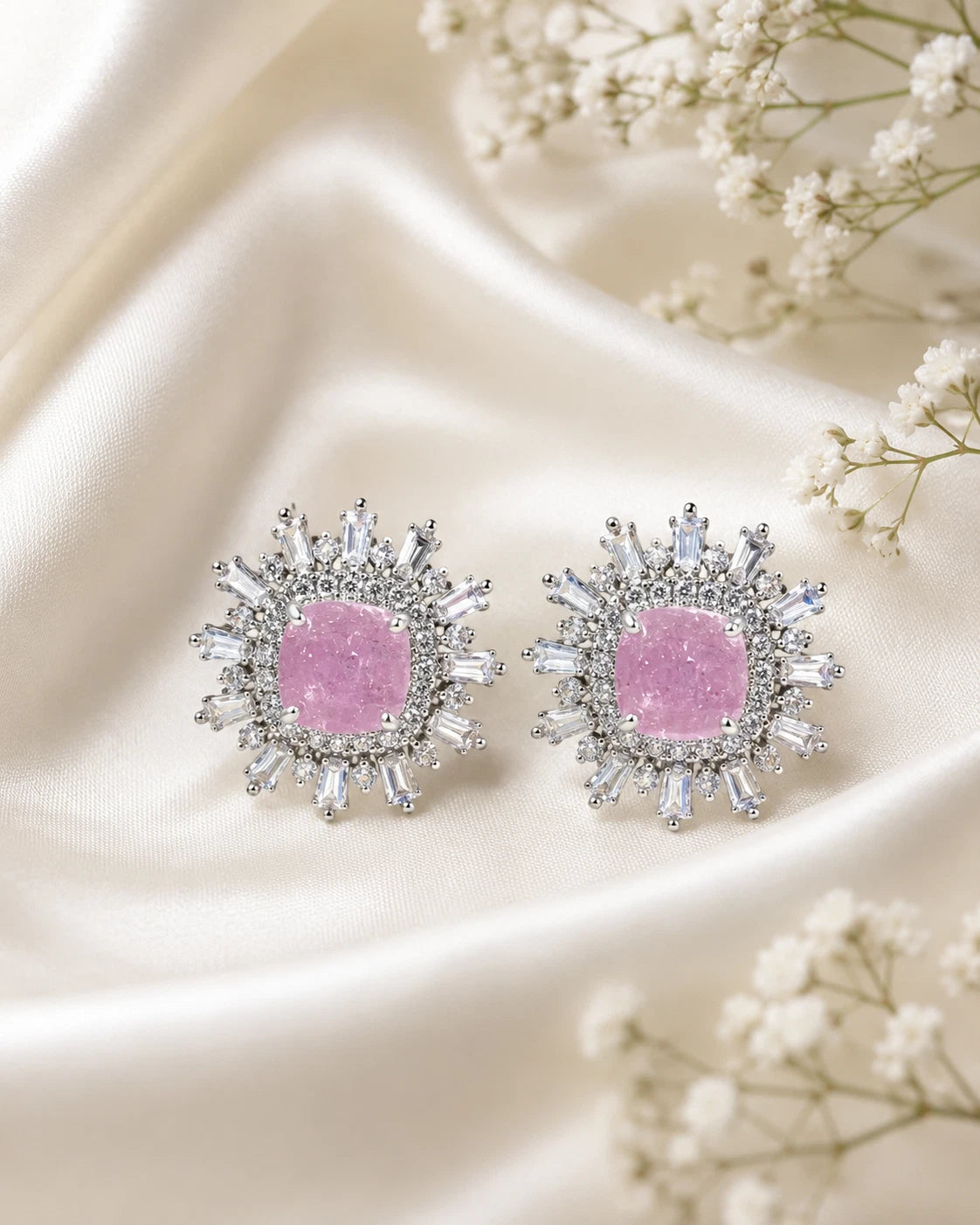 Pink Stone CZ Silver Tone Halo Stud Earrings Pakistani Indian Jewelry