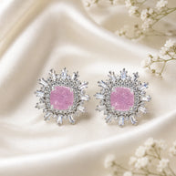 Pink Stone CZ Silver Tone Halo Stud Earrings Pakistani Indian Jewelry