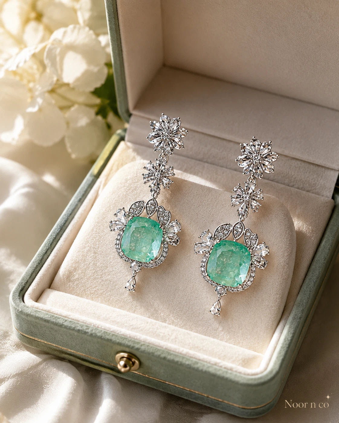 Mint Green CZ Silver Tone Drop Earrings Pakistani Indian Statement Jewelry