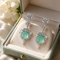 Mint Green CZ Silver Tone Drop Earrings Pakistani Indian Statement Jewelry