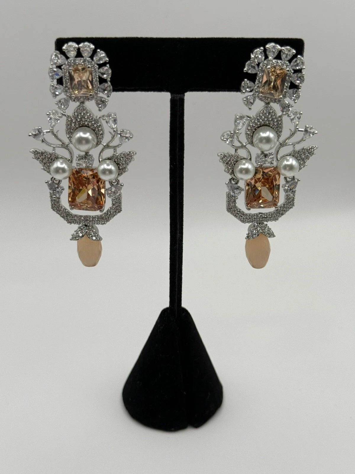 Champagne Crystal Pearl Statement Earrings – Luxury Bridal Drop Earrings