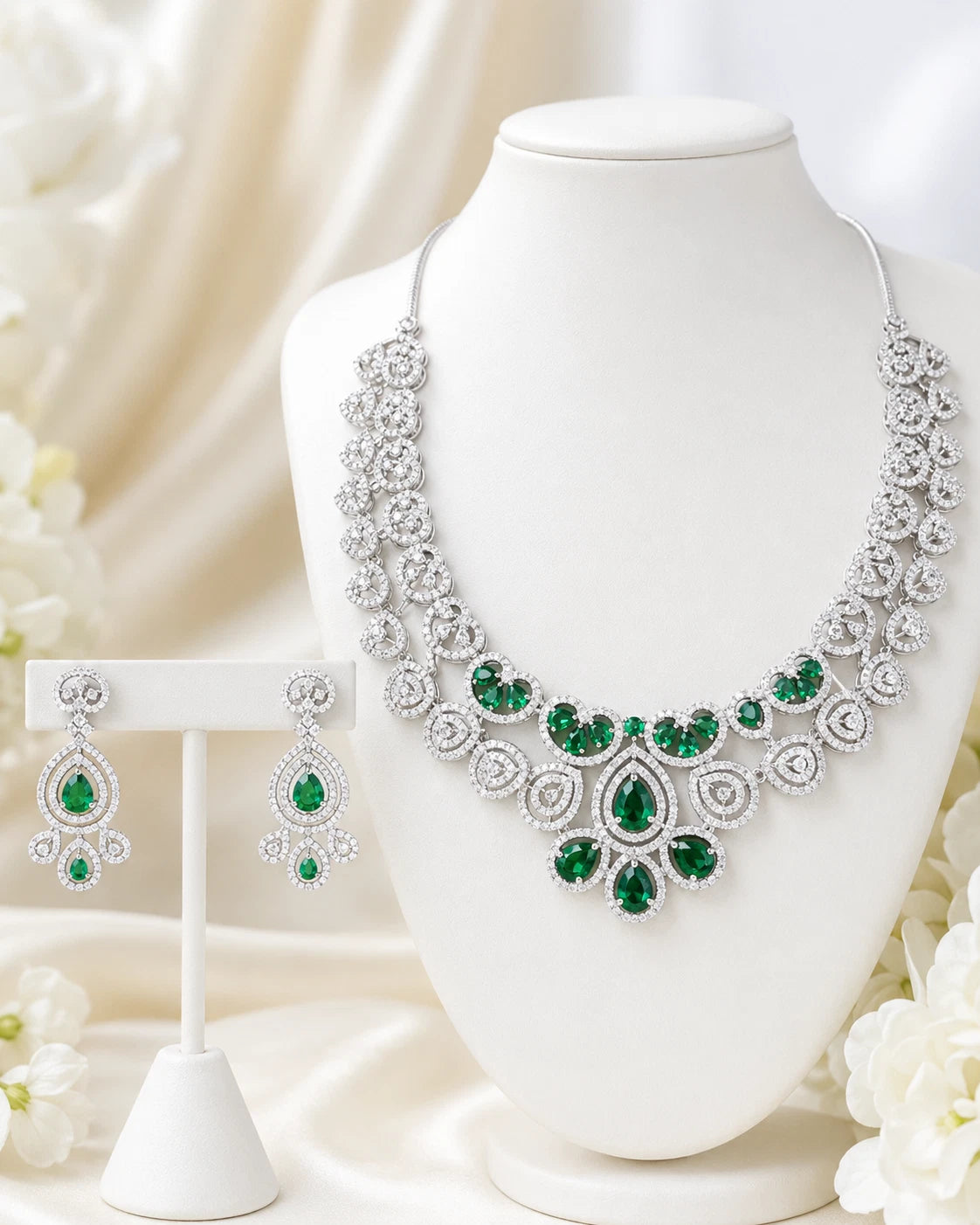 Emerald green and clear CZ-style necklace set