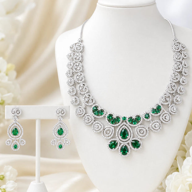 Emerald green and clear CZ-style necklace set