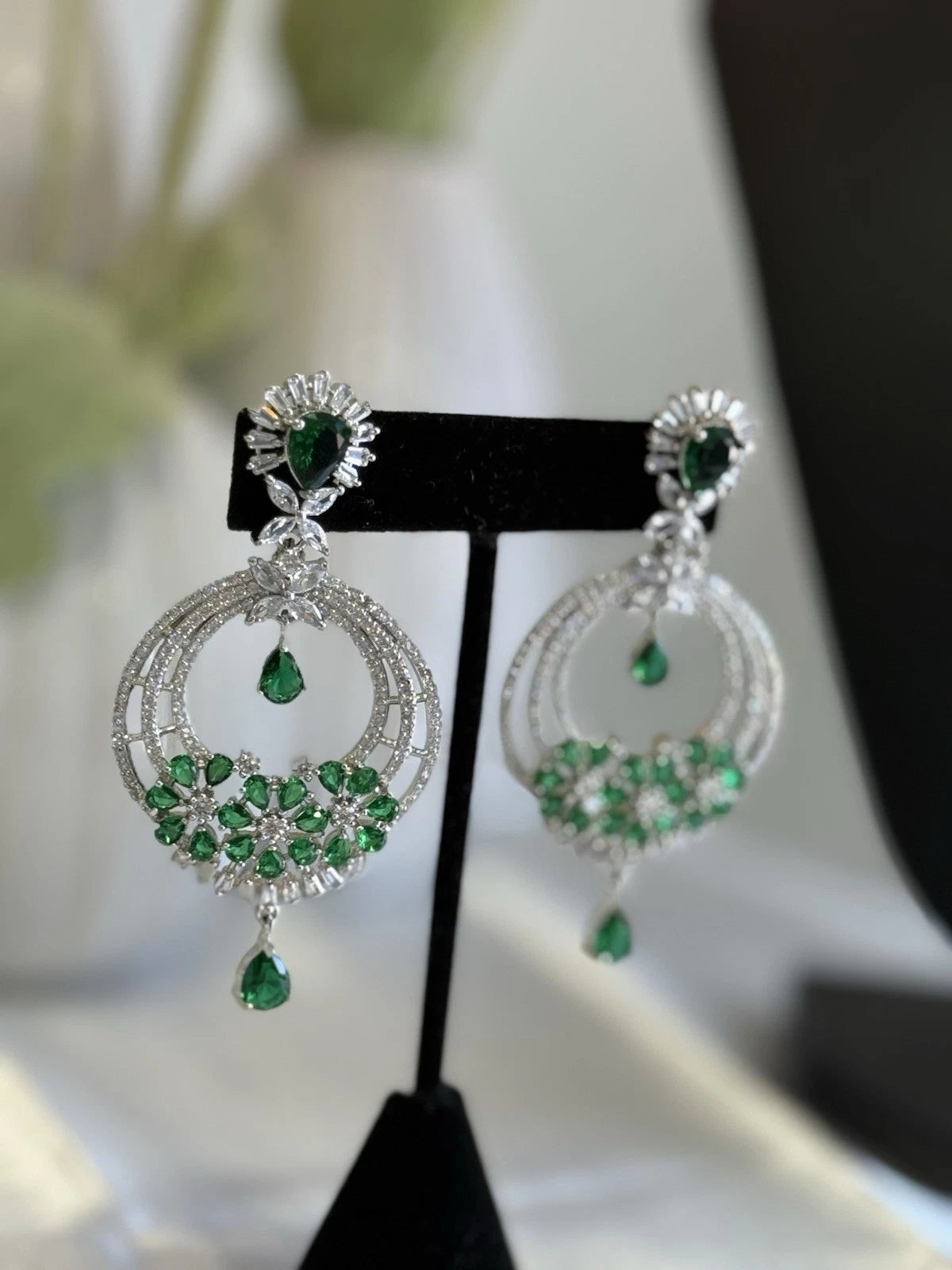 Emerald Green CZ Chandbali Earrings Silver Tone Pakistani Jewelry