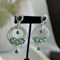 Emerald Green CZ Chandbali Earrings Silver Tone Pakistani Jewelry