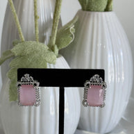 Baby Pink CZ Rectangle Stud Earrings Silver Tone Party Jewelry