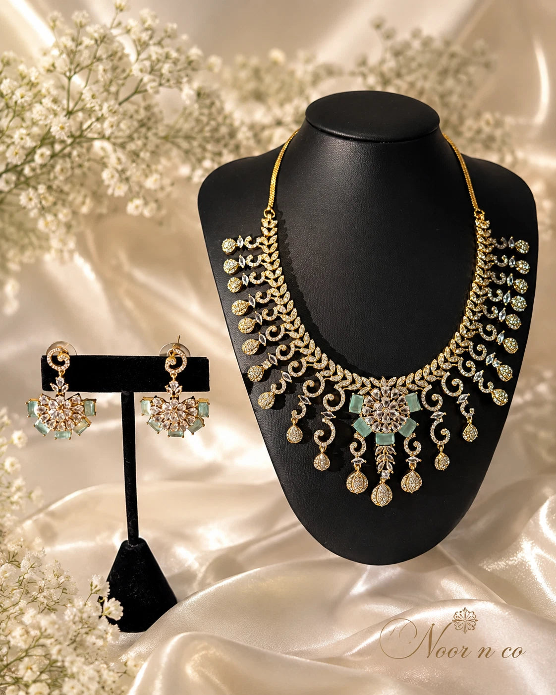 Gold Tone Mint Green CZ Necklace Earrings Set Indian Pakistani Bridal Jewelry