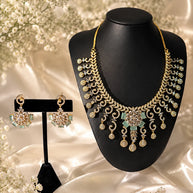 Gold Tone Mint Green CZ Necklace Earrings Set Indian Pakistani Bridal Jewelry