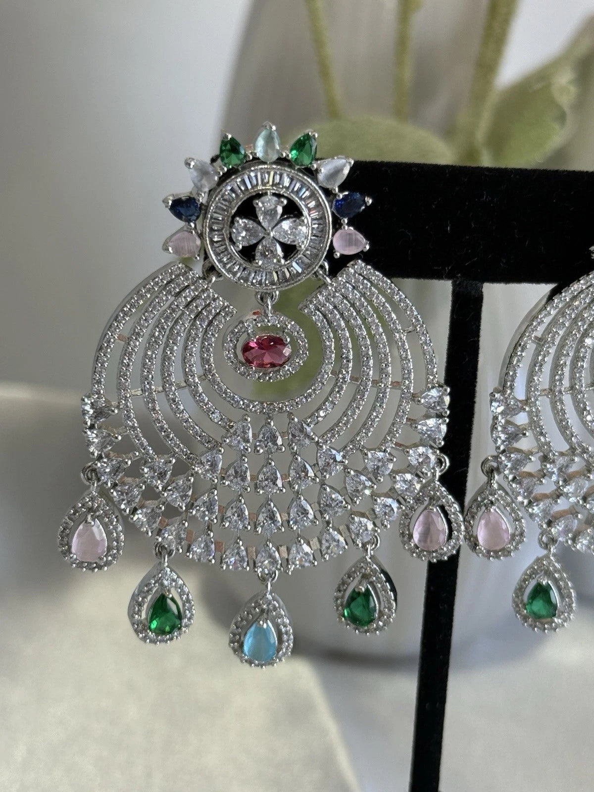 Multicolor CZ Chandbali Earrings Silver Tone Pakistani Indian Jewelry