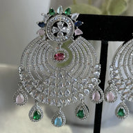 Multicolor CZ Chandbali Earrings Silver Tone Pakistani Indian Jewelry