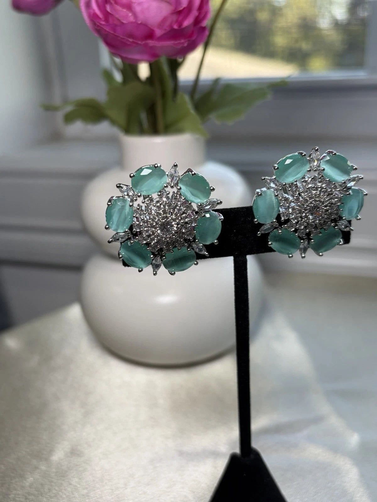 Aqua Bloom Crystal Stud Earrings