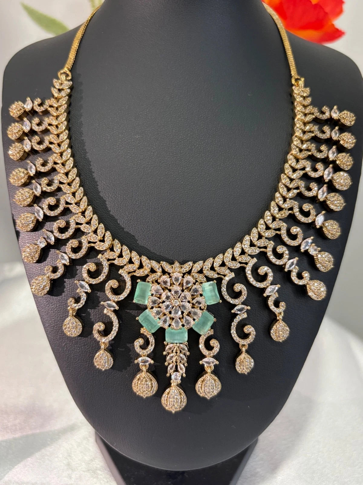 Gold Tone Mint Green CZ Necklace Earrings Set Indian Pakistani Bridal Jewelry