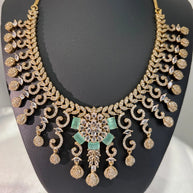 Gold Tone Mint Green CZ Necklace Earrings Set Indian Pakistani Bridal Jewelry