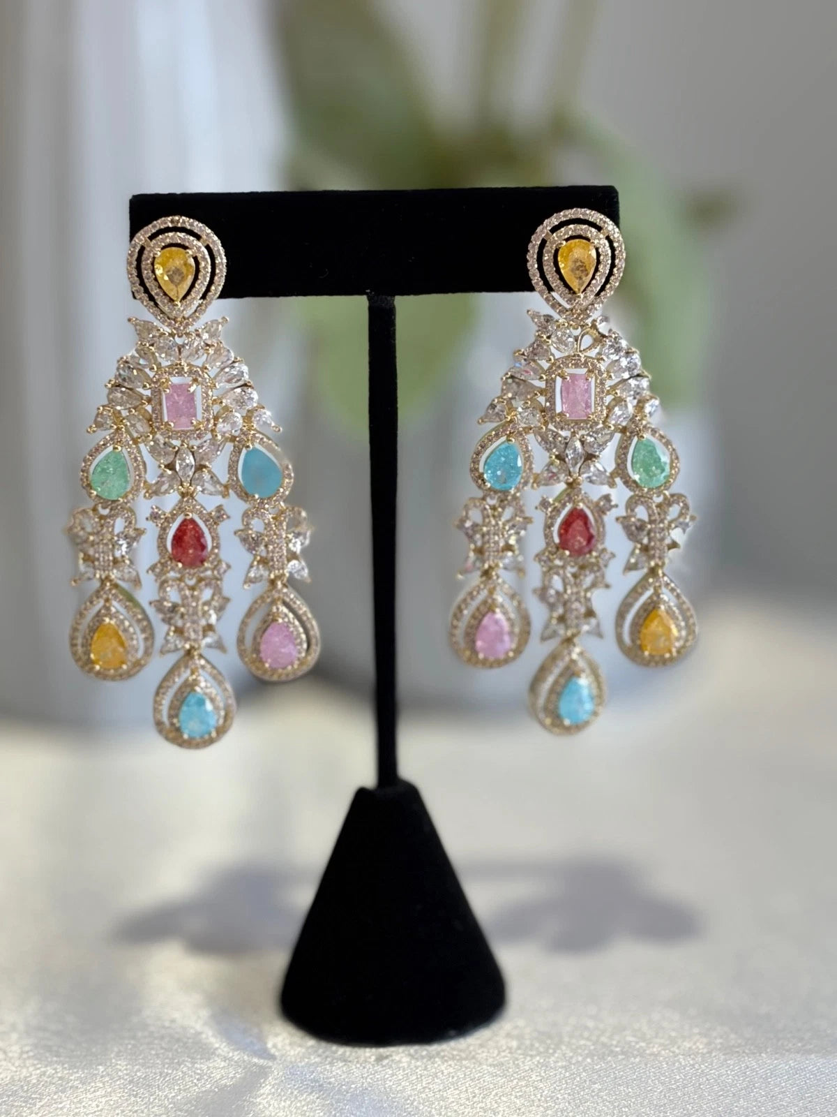 Multicolor CZ Gold Tone Chandelier Earrings Pakistani Indian Bridal Jewelry