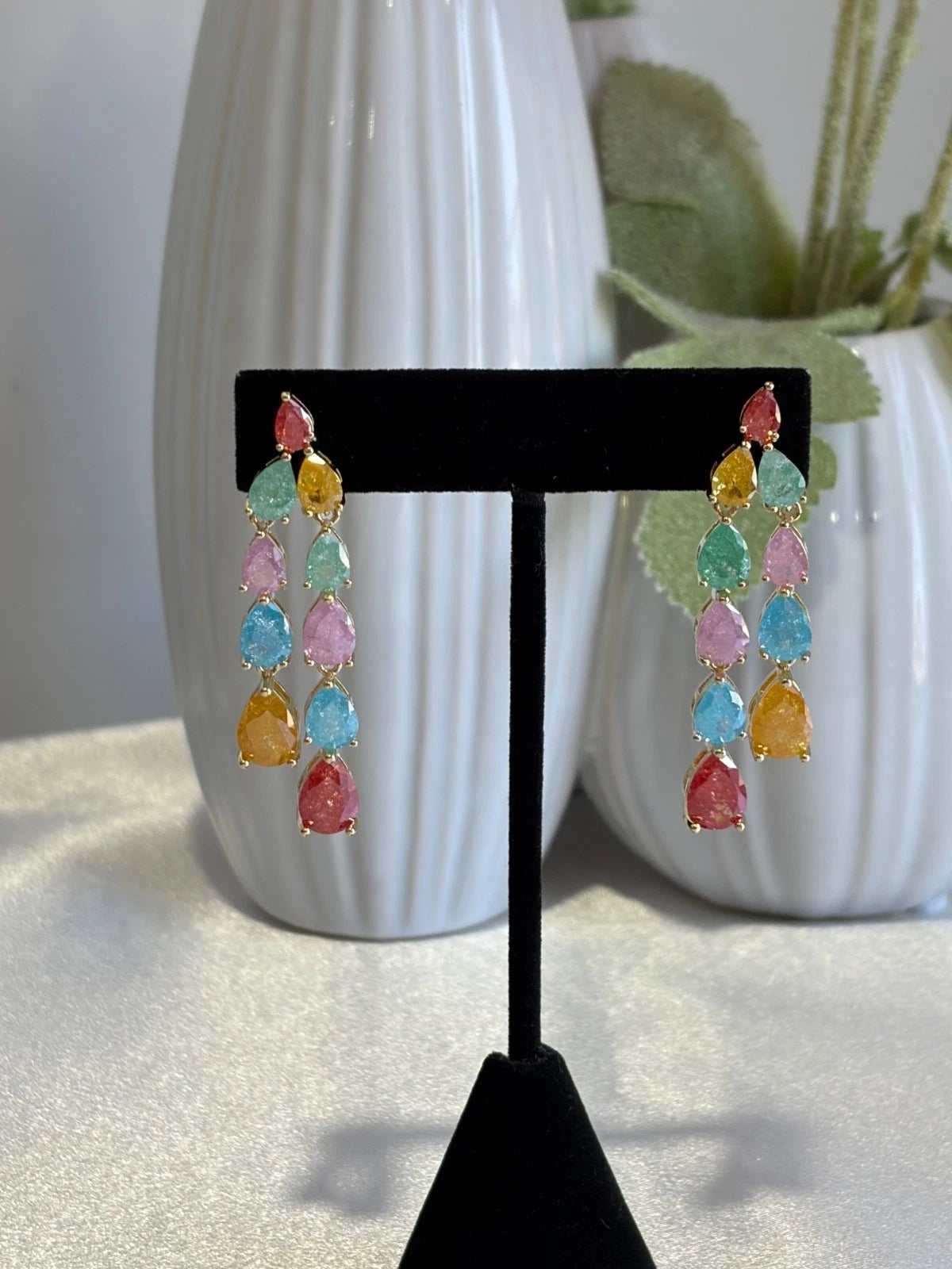 Multicolor Teardrop Gold Tone Dangle Earrings Pakistani Indian Jewelry