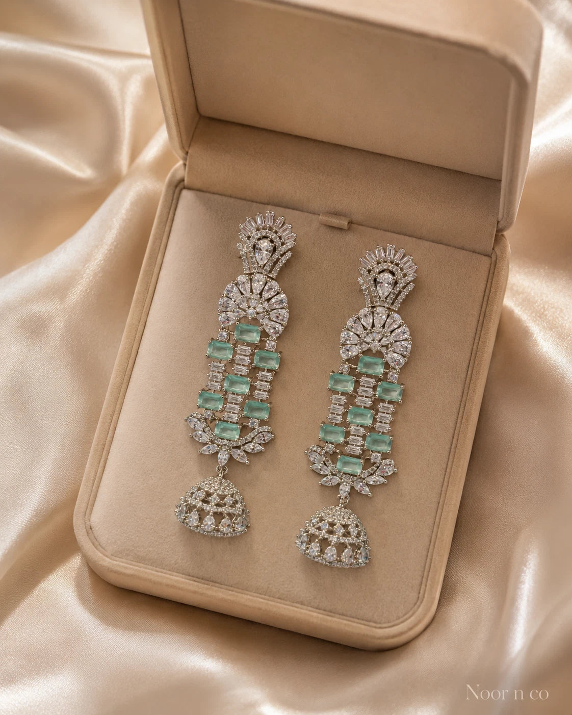 Mint Green CZ Silver Tone Chandelier Jhumka Earrings Pakistani Indian Jewelry