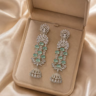 Mint Green CZ Silver Tone Chandelier Jhumka Earrings Pakistani Indian Jewelry