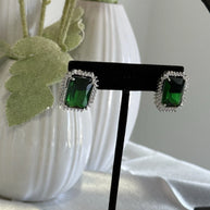 Emerald Green CZ Rectangle Stud Earrings Silver Tone Party Jewelry