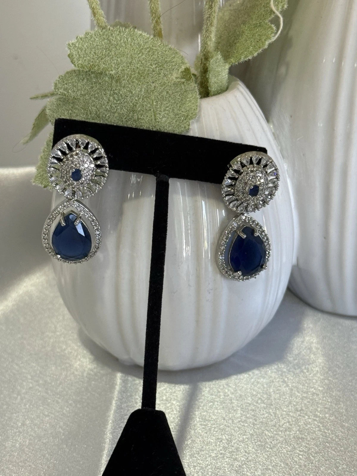 Sapphire Blue CZ Teardrop Earrings Silver Tone Party Jewelry