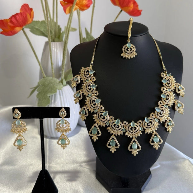 Mint Green CZ Necklace & Earrings Set Silver Tone Pakistani Jewelry