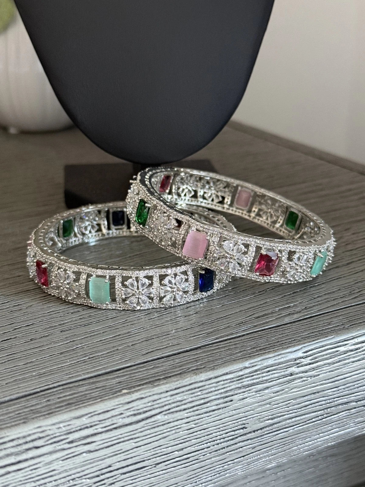 Multicolor CZ Silver Tone Bangle Bracelet Set of 2 Indian Pakistani Jewelry 2.10