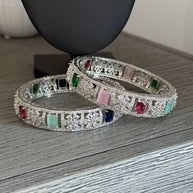 Multicolor CZ Silver Tone Bangle Bracelet Set of 2 Indian Pakistani Jewelry 2.10