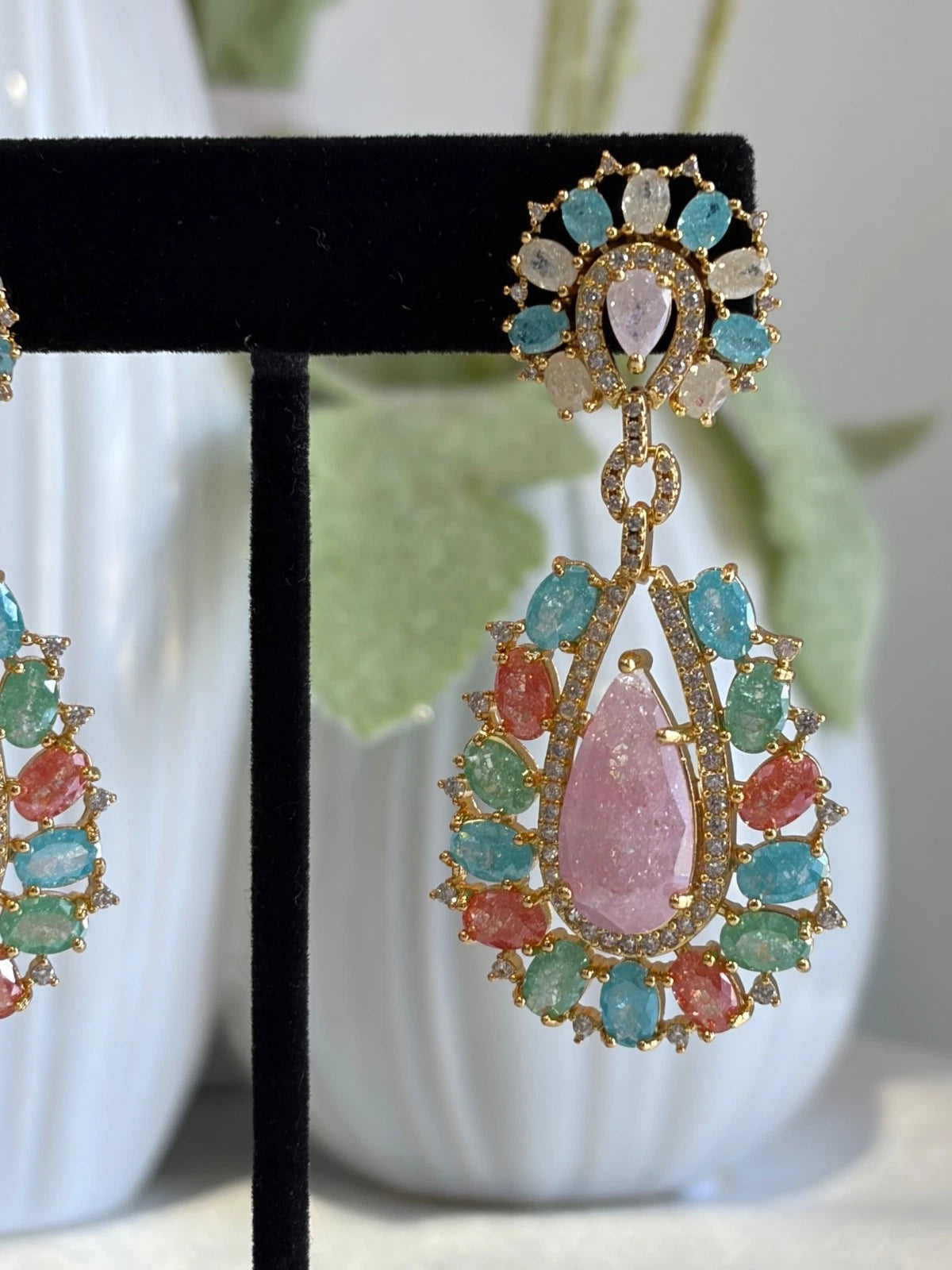 Pastel Multicolor CZ Gold Tone Teardrop Earrings Pakistani Indian Jewelry