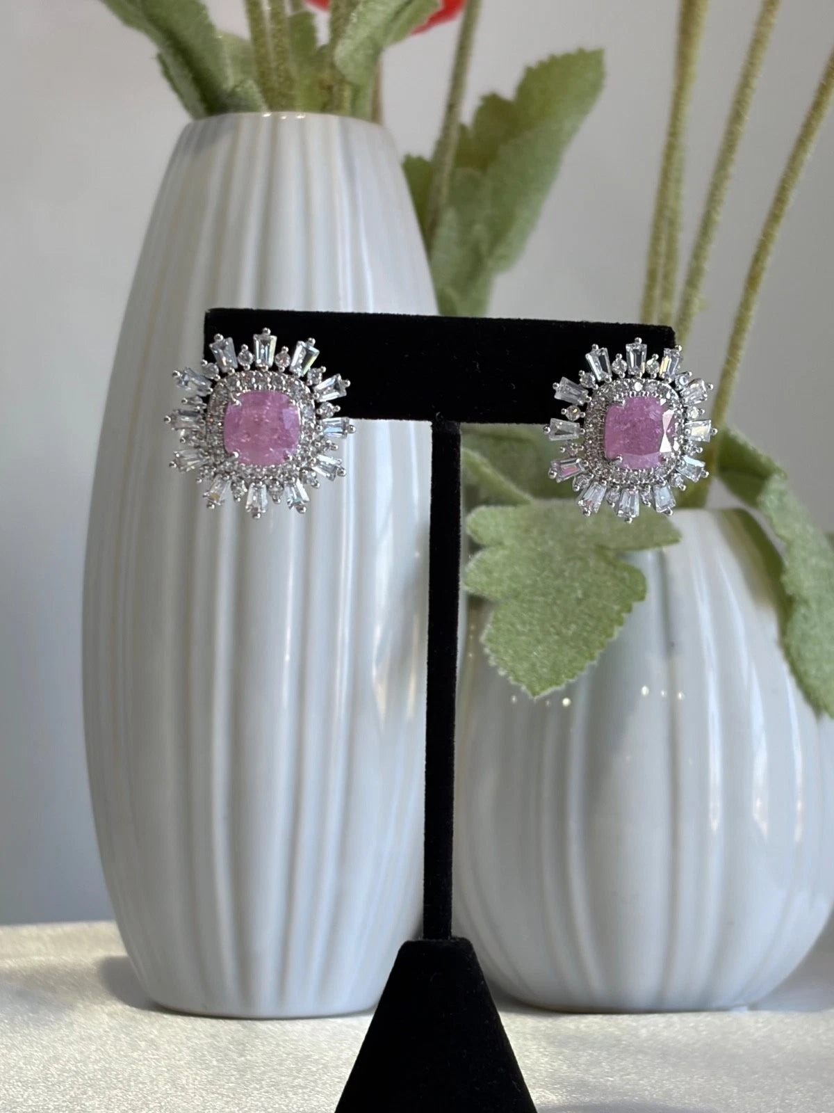Pink Stone CZ Silver Tone Halo Stud Earrings Pakistani Indian Jewelry