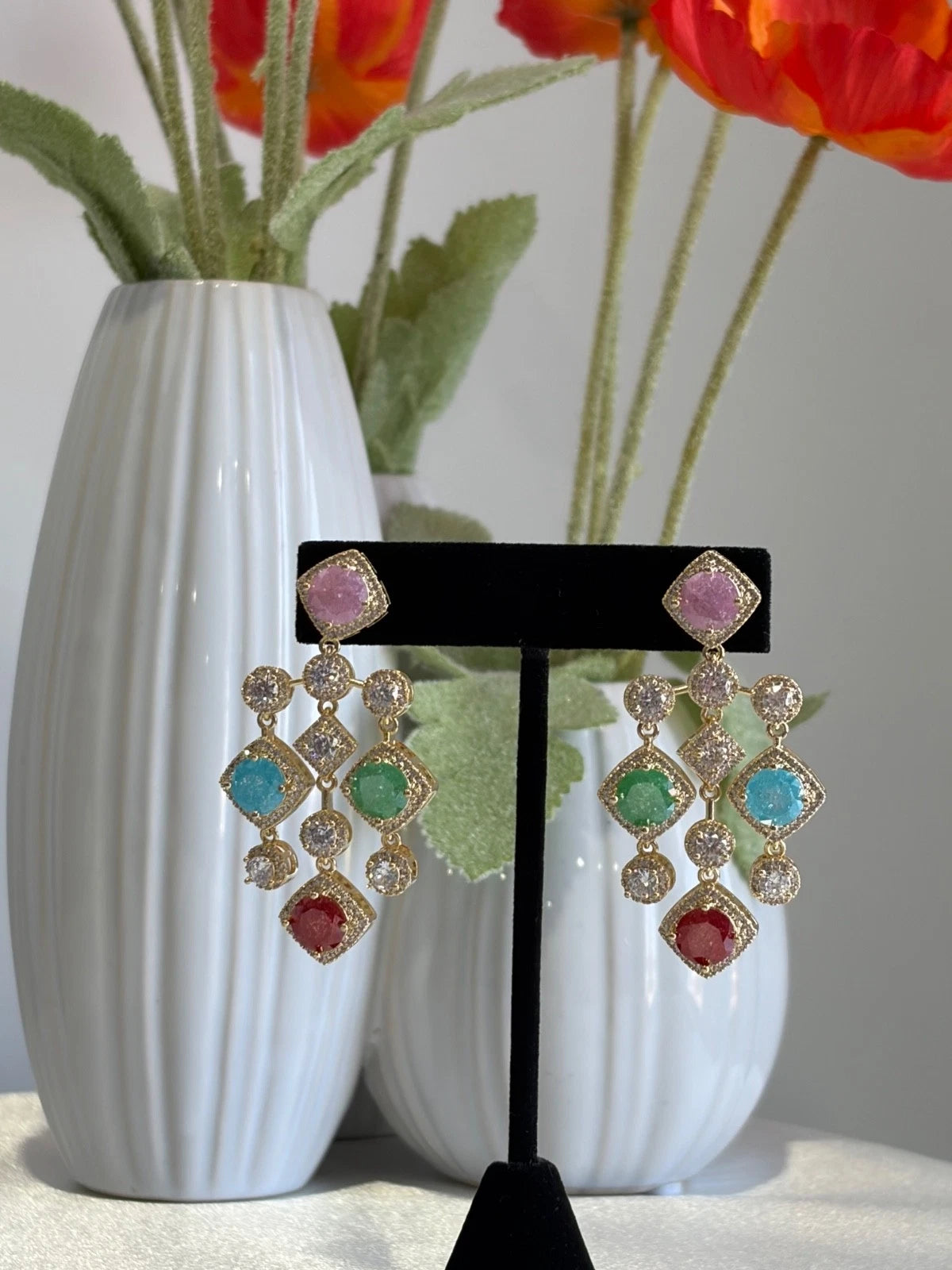 Multicolor CZ Gold Tone Chandelier Earrings Pakistani Indian Statement Jewelry