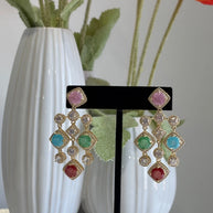 Multicolor CZ Gold Tone Chandelier Earrings Pakistani Indian Statement Jewelry