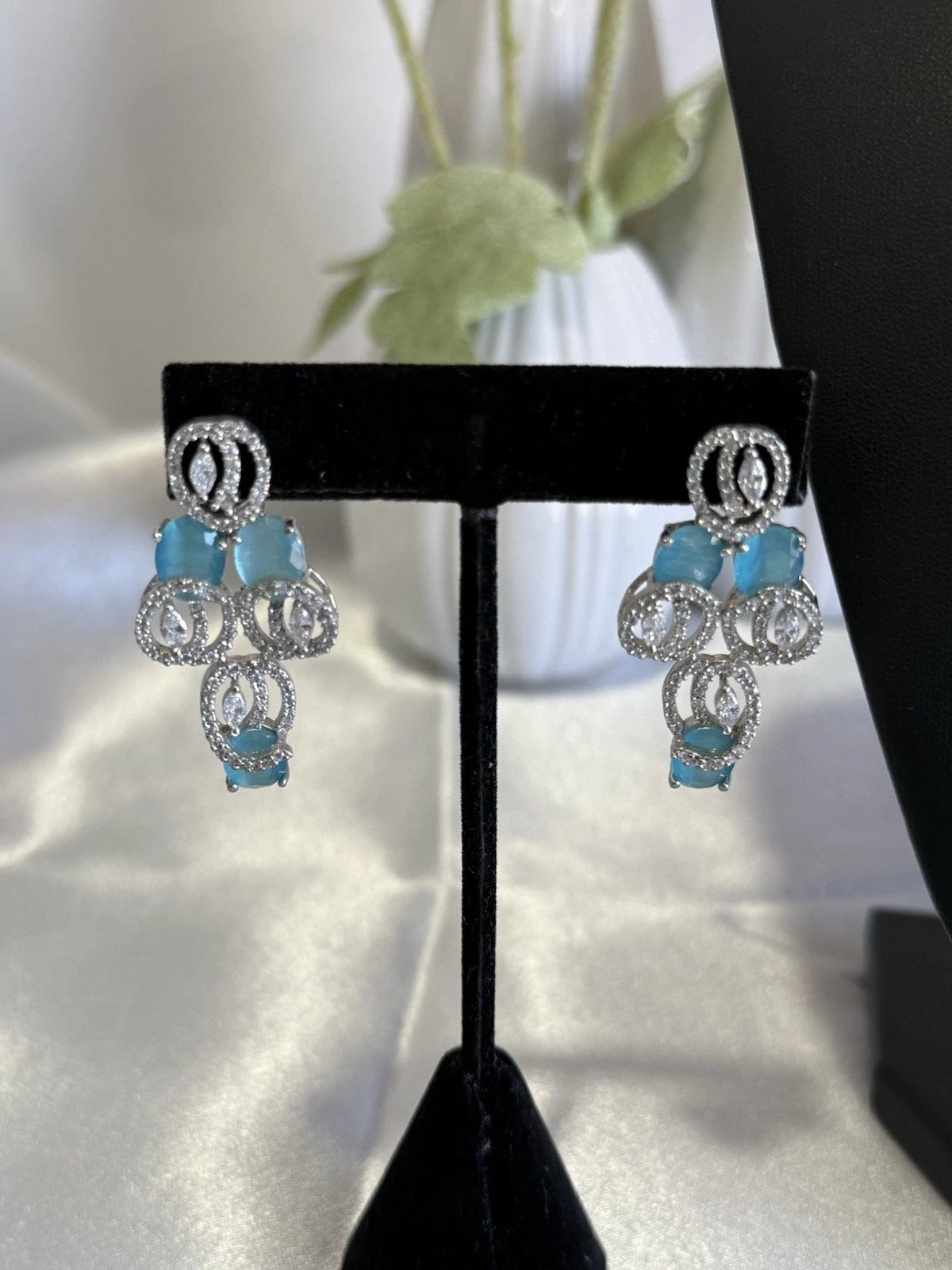 Aqua Blue CZ Necklace Earrings Tikka Set Silver Tone Pakistani Jewelry